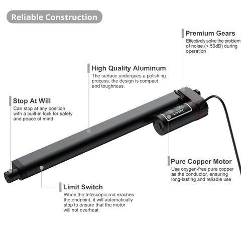 Justech 12V heavy-duty linear actuator with brackets, 300mm stroke, black aluminum housing