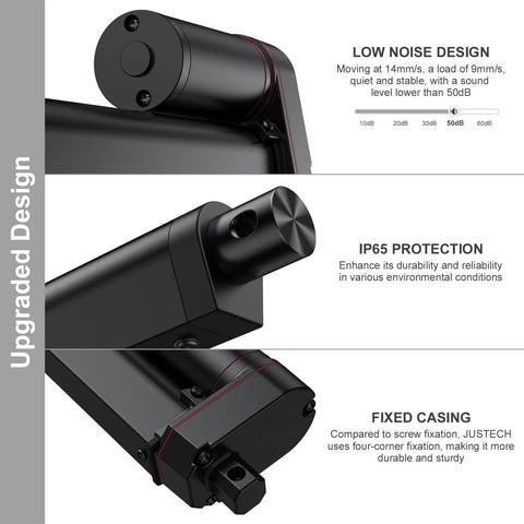 Justech 12V heavy-duty linear actuator with brackets, 1000N, 300mm stroke, black housing.
