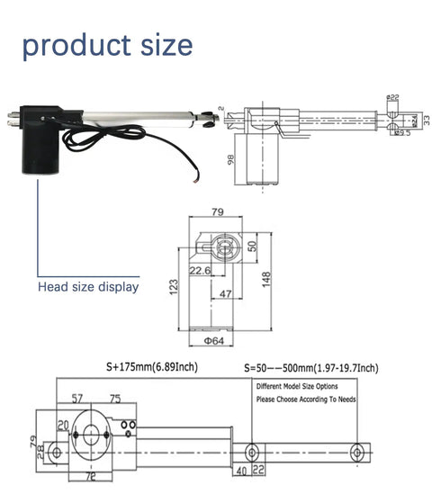 Diagram showing dimensions of the Beefy 24V DC Linear Actuator with 1320 lbs lift capacity and 9.8 inch stroke.