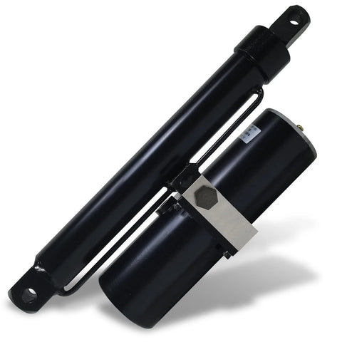 DC HOUSE hydraulic linear actuator, black metal housing with mounting bracket, 12in stroke, 12V DC