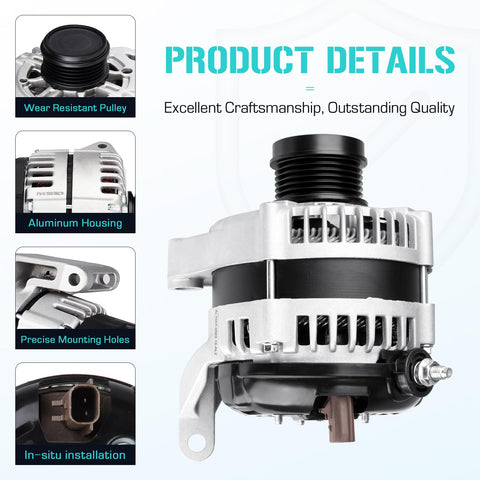 Beefy Alternator Replacement For 3.3L 3.8L Caravan Grand Caravan Town Country Voyager 2001-2007 2001-2004 Fits 421000-0023 421000-0021 13870 Durable Auto Electrical Upgrade. Side view of aluminum housing and pulley.
