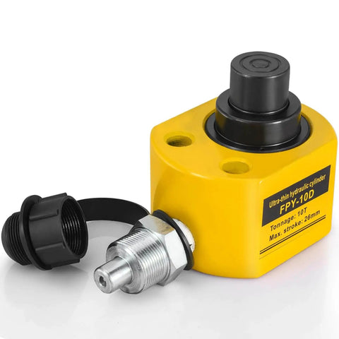 10 Ton Beefy Hydraulic Cylinder With 1.0 Inch Stroke Porta Power Ram in yellow finish, side view showing fittings and label