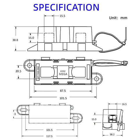 Technical diagram of Beefy Mega Fuse Holder For AMG Mega Fuse Pack Of 2, Heavy Duty M8 Bolt Car Fuse Clamp, 126 x 37.5 x 43.5 mm