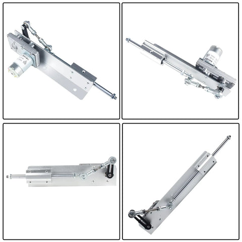 Reciprocating cycle linear actuator front view; silver aluminum housing with rocker arm
Reciprocating cycle linear actuator side view; DC 24V motor and telescoping rod
Close-up of motor and linkage on the silver actuator
Installed view of actuator mounted on bracket with rocker-arm linkage