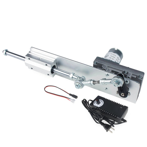 Reciprocating cycle linear actuator 24V DC with adjustable telescoping rod and rocker-arm linkage, controller
