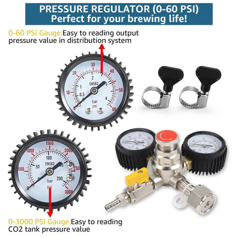 Beefy Draft Beer Regulator With 60 PSI Output Dual Stage For Home Kegerator shown with dual gauges and hose clamps