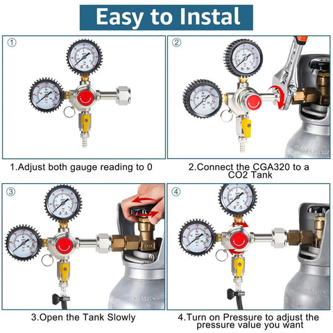 Easy installation steps for Beefy Draft Beer Regulator With 60 PSI Output Dual Stage For Home Kegerator with CGA 320 Inlet and Hose Clamps.