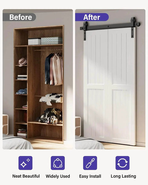 Before and after showing Bifold Barn Door Hardware: 40 inch Bi-fold Sliding Barn Door Hardware Track Kit for 36" Closet Doors installed