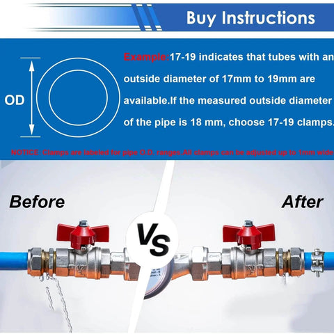 Illustration showing before and after use of 304 Stainless Steel T Bolt Hose Clamps Set 28 Piece Assortment Kit 17 To 35mm.