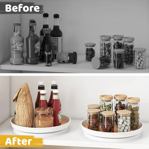 Before and after using Two Pack 10 Inch Lazy Susan Turntable For Cabinets And Tables Perfect For Kitchen Pantry Refrigerator Storage