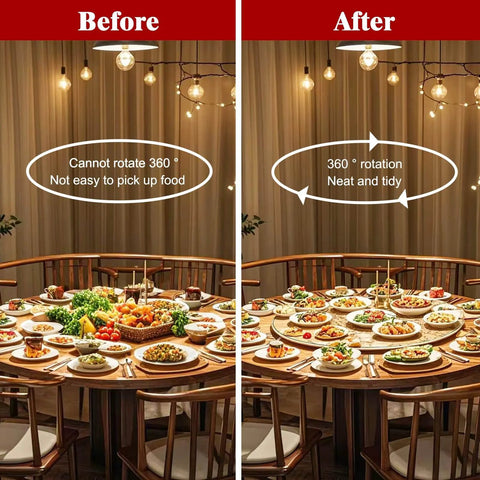 Before and after comparison of dining tables using 10 Inch Aluminum Alloy Lazy Susan Turntable Bearing showing improved 360-degree rotation.