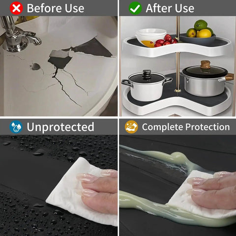 Comparison of kitchen shelf with and without Two Pack 27 Inch Silicone Lazy Susan Shelf Liner Non Slip For Kitchen Cabinets Drawers Mats Placemat Coaster Craft Mat Multi Purpose Use Durable Non Slip Surface Easy To Clean Heat Resistant Flexible Design Keeps Items In Place showing protection benefits.