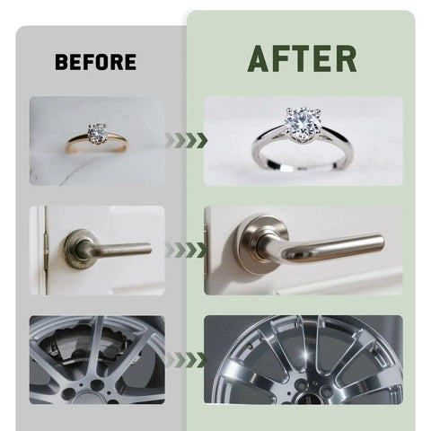 Before and after image displaying the effects of using five color coded 4oz polishing bars deliver a complete finishing workflow with progressive grits for metals and glass, giving faster, showroom ready shine on aluminum, stainless steel, jewelry, and glass surfaces on a ring, door handle, and alloy wheel.