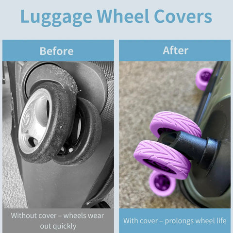 Comparison of luggage wheels before and after using Silicone Luggage Wheel Covers Protector Set; new purple covers on right.