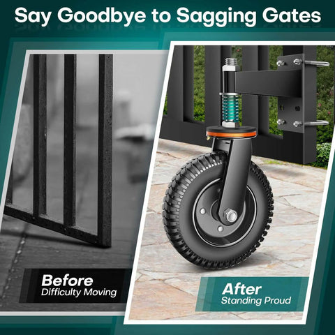 Comparison of 8 inch heavy duty fence gate wheel anti sag support with spring loaded gate caster before and after installation.
