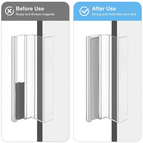 Comparison of frameless shower door handle with golden finish aluminum alloy construction includes metal strike and stainless steel U channel with magnet before and after use, showing improvements.