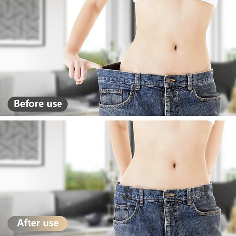 Before and after using Eight Set Pant Waist Tightener Pins For Loose Jeans No Sewing Or Tools Reusable Waist Cincher Clips shown on jeans