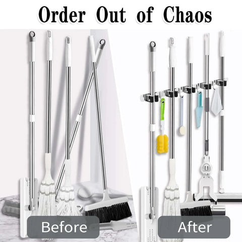 Before and after of Wall Mount Broom And Mop Holder With Five Racks And Four Hooks Stainless Steel Heavy Duty Organizer Self Adhesive