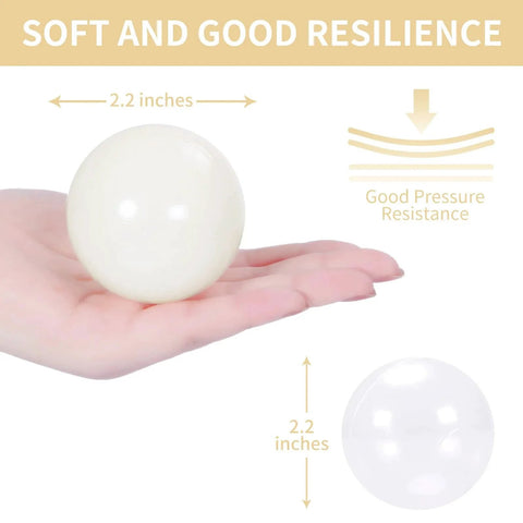 Hand holding beige 100 Ball Pit Balls Phthalate Free BPA Free Crush Proof Plastic, showcasing 2.2-inch diameter