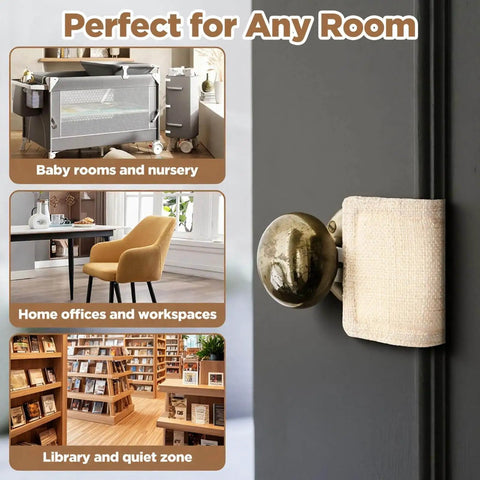 Three Pack Door Silencers For Quiet Close Cushions with Durable Straps and Elastic Bands on door handle in nursery, office, and library settings.