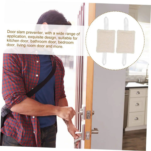 Reduce annoying door slams with this 3 pack of door silencers shown on door handle, beige cotton cloth design, no drill needed.