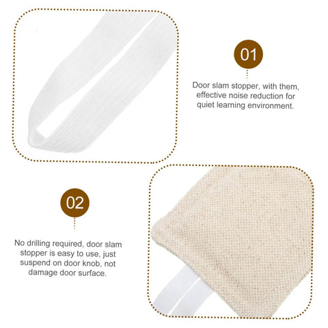 Close-up of three-piece, no-tool door silencers in beige fabric, showing texture and snap-on design for reducing noise and pinches.