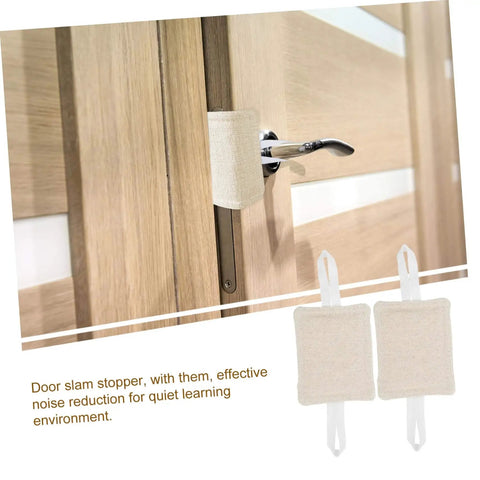 Reduce annoying door slams with this 3 pack of door silencers, shown installed on door handle in beige cotton cloth.