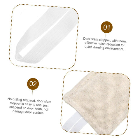 Close-up of beige door slam stopper strap demonstrating installation for noise reduction in quiet learning environments.