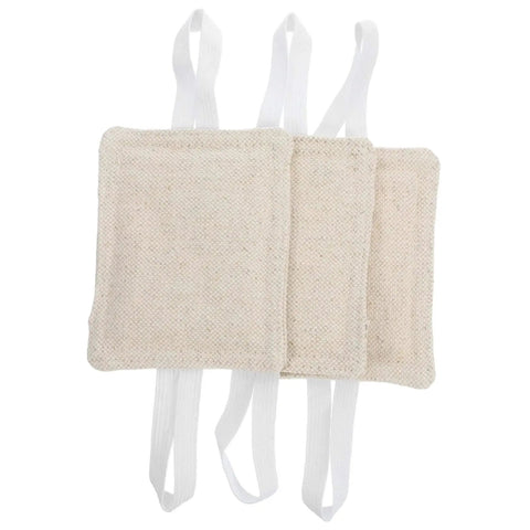 Three white fabric pouches with straps for installation; part of Nine Piece Door Slam Stopper No Drill Silencers For Doors Heavy Duty Closers Easy Tool Free Installation Quiet Door Noise Reduction For Home And Office Use Pack Of 9 set.
