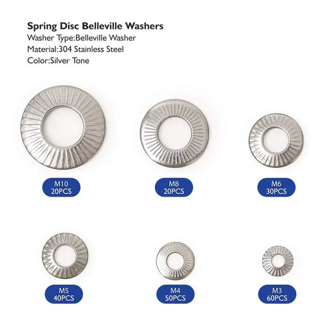 220 Pcs Metric M3 To M10 Stainless Conical Knurled Spring And Belleville Washers displayed on white background