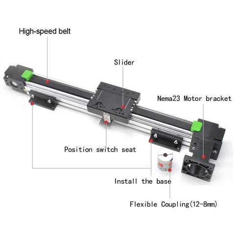 Belt Drive Motorized Linear Stage Actuator 600MM Fast Linear Motion Slide Rails for CNC Linear Position Kit with labeled parts.