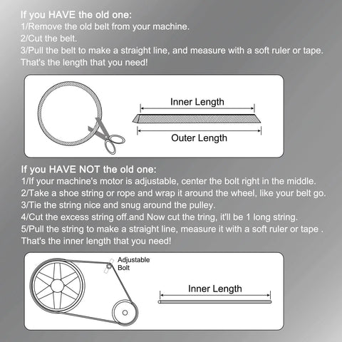 Guide on measuring belt length with images, including step-by-step instructions for measuring with or without an existing belt.