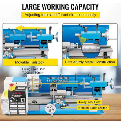 Benchtop Metal Lathe 7x14 Inch With Digital Display 550W Variable Speed Up To 2250 RPM with movable tailstock and metal construction.