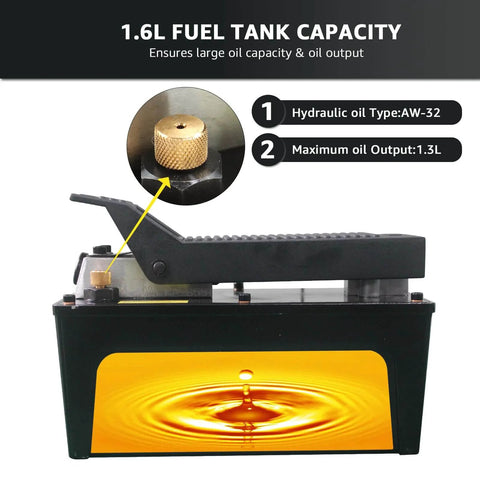 BESTOOL 10,000 PSI, 1/2 Gal Reservoir Foot-Operated Air Hydraulic Pump with 1.6L fuel tank capacity and oil details visible
