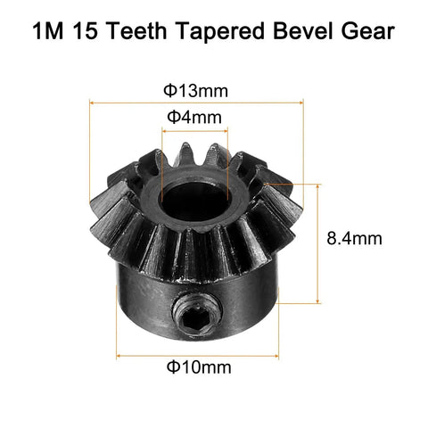 Bevel Gear 0.8 Module 1To1 15 Teeth Pinion 4mm Hole 4mm Shaft 45 Steel Black side view with dimensions