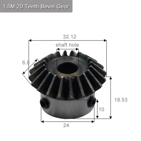 Bevel Gear Set 2Pcs 1.5M 20 Teeth 12mm Shaft M5 Fixing Hole 1 to 1 Steering Gear, close-up view with dimensions marked