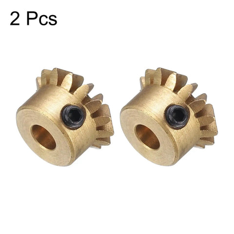 Bevel Gear Set 2pc 0.8 Module 1 To 1 Reduction 15 Teeth Gear 4mm Hole 45 Degree, brass gears with visible teeth and holes