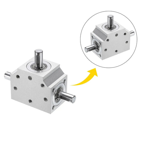Bevel Gearbox 1 To 1 Right Angle Drive For DIY Projects With 8mm Shaft, aluminum frame, multiple shafts, compact design.