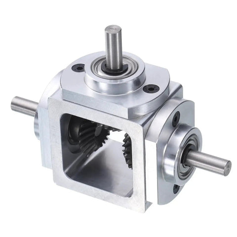 90 Degree Bevel Gearbox 1to1 Reversing Dual Outputs Aluminum Frame 6mm Shaft, showing gear mechanism and shaft ends