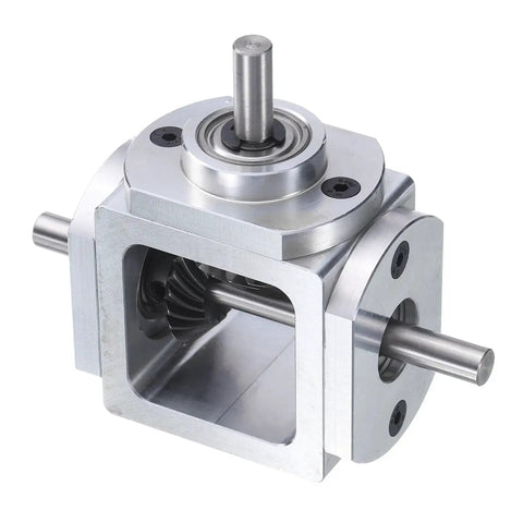 Bevel Gearbox 90 Degree 1to1 With Dual 6mm Output Shafts Aluminum DIY Frame showing steel shafts and aluminum body