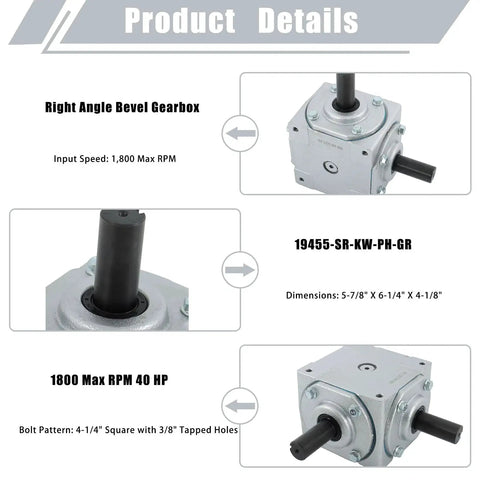 Beefy 40 HP 1800 RPM Right Angle Bevel Gearbox with Keyed Shaft 1 to 1, showing dimensions and bolt pattern details.