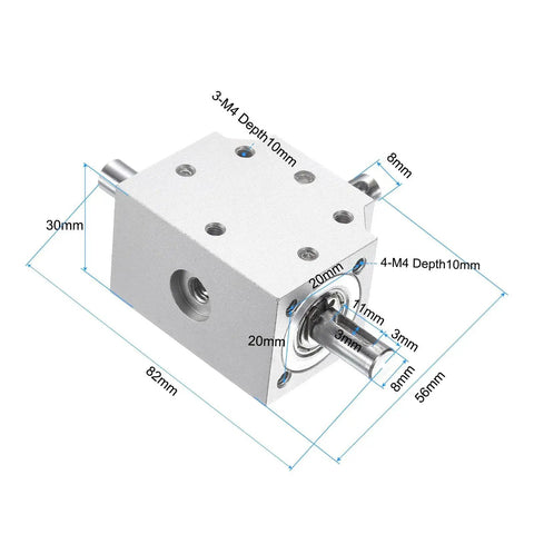 Bevel Gearbox 1 To 1 Right Angle Drive For DIY Projects With 8mm Shaft, aluminum frame, dimensions labeled