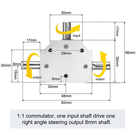 Bevel Gearbox 1 To 1 Right Angle Drive For DIY Projects With 8mm Shaft, dimensions and input-output shaft view