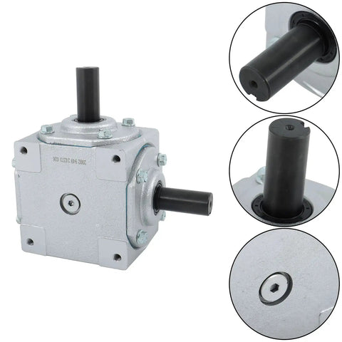 Beefy 40 HP 1800 RPM Right Angle Bevel Gearbox With Keyed Shaft 1 To 1, silver housing and shaft details shown