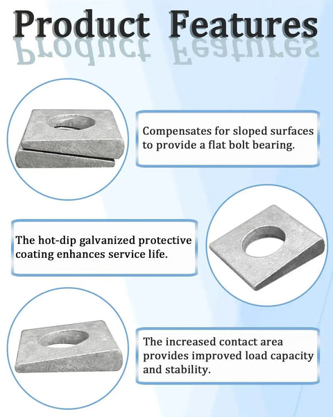Product features of 24 Beveled Half Inch ID Square Washers Galvanized Steel Leveling Wood And Metal with benefits highlighted.
