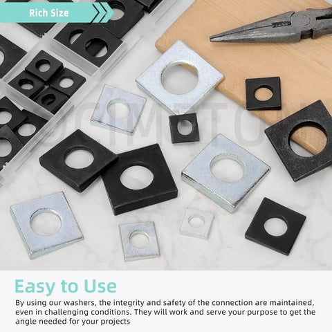 Beveled Square Plate Washer Set 34Pcs In 6 Sizes M8 To M20 With Round Holes displayed on a table with pliers