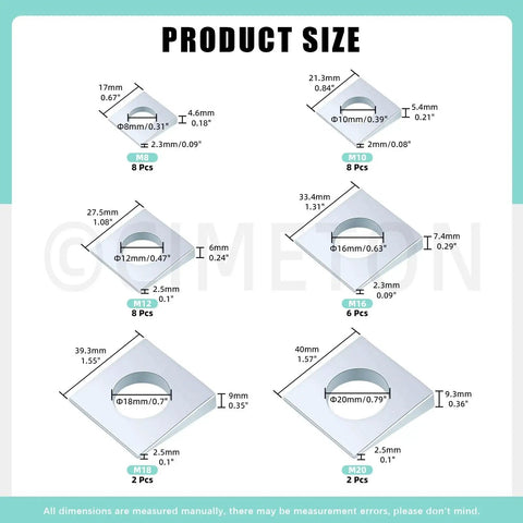 Beveled Square Plate Washer Set 34Pcs In 6 Sizes M8 To M20 With Round Holes, size chart displayed with dimensions and piece count for each size.