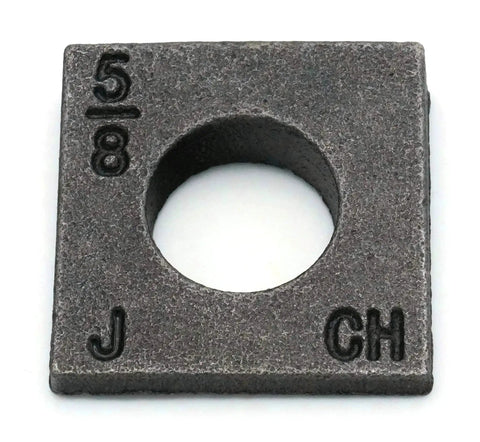 Close-up of a Beveled Square Washer in Plain Malleable Iron, showing 5/8 size marking and central hole, part of 100 count set.