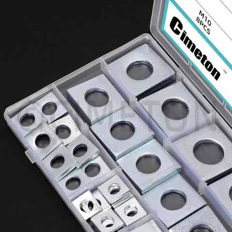 Beveled Square Plate Washer Set 34Pcs In 6 Sizes M8 To M20 With Round Holes in a storage box, showing zinc-coated carbon steel washers.