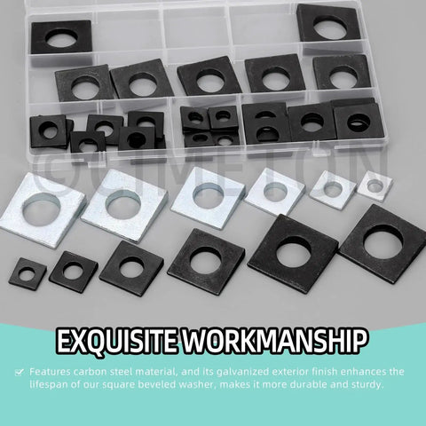 Beveled Square Plate Washer Set 34Pcs In 6 Sizes M8 To M20 With Round Holes displayed in a plastic storage box